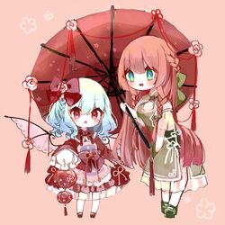  2girls bangs bat_wings blue_hair blush bow braid chibi cleavage_cutout clothing_cutout dress flower_knot green_dress green_eyes hair_bow highres holding hong_meiling lantern long_hair mary_janes medium_hair mochimochi_(kallmochi) multiple_girls oil-paper_umbrella open_mouth orange_hair paper_lantern petticoat pink_background red_bow red_dress red_eyes remilia_scarlet shoes sleeves_past_fingers sleeves_past_wrists touhou umbrella very_long_hair wings 