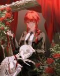  bangs black_necktie black_suit braid business_suit chainsaw_man closed_mouth collared_shirt commentary flower formal highres kei_(keiuu) long_hair looking_at_viewer makima_(chainsaw_man) necktie orange_eyes red_flower red_rose redhead ringed_eyes rose shirt sidelocks single_braid skeleton smile suit white_shirt 