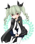  1girl anchovy_(girls_und_panzer) anzio_school_uniform bangs belt black_belt black_cape black_necktie black_ribbon black_skirt blush brown_eyes cape cape_hold chocolate closed_mouth commentary dress_shirt drill_hair food_in_mouth frown girls_und_panzer green_hair hair_ribbon leaning_forward long_hair long_sleeves looking_at_viewer miniskirt mouth_hold necktie pantyhose pleated_skirt ribbon school_uniform shirt skirt solo standing twin_drills twintails twitter_username valentine white_background white_pantyhose white_shirt wing_collar yuichimisiroool 