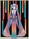  1girl abstract aqua_hair aqua_thighhighs bangs bare_shoulders black_background blonde_hair border collared_shirt colorful commentary detached_sleeves full_body gradient_hair gradient_legwear gradient_necktie gradient_shirt grey_border grey_eyes grey_hair grey_necktie grey_shirt grey_skirt grey_thighhighs halftone hatsune_miku highres lanyard long_hair looking_at_viewer miniskirt multicolored_hair necktie no_mouth outside_border pleated_skirt rectangle redhead shirt skirt sleeveless sleeveless_shirt sleeves_past_fingers sleeves_past_wrists solo standing straight-on thigh-highs twintails very_long_hair very_long_sleeves vocaloid white_shirt wokichi yellow_necktie 