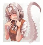  159cm 1girl black_ribbon blush brown_eyes brown_horns brown_nails brown_scales brown_vest commentary_request frilled_sleeves frills grey_background grey_hair hands_up horns index_finger_raised looking_at_viewer mail-chan_(159cm) monster_girl neck_ribbon original ribbon sharp_teeth shirt short_hair short_sleeves simple_background smile solo tail teeth upper_body vest white_shirt wristband 