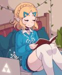  1girl black_choker blonde_hair blue_sweater book choker closed_eyes commentary computer cremanata earrings english_commentary hair_ornament hairclip highres holding holding_book indoors jewelry laptop medium_hair on_bed open_book plant pointy_ears potted_plant princess_zelda sitting sweater the_legend_of_zelda thigh-highs triforce white_thighhighs 