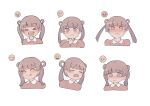  &gt;_&lt; 1girl :d :p ^_^ bangs blunt_bangs blush brown_eyes brown_hair brown_shirt closed_eyes closed_mouth collared_shirt commentary_request cropped_torso emoji hair_rings highres imitating multiple_views original shirt simple_background smile tears tongue tongue_out tsuruse twintails upper_body white_background xd 