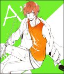  1boy 5574iahu a_(dear_vocalist) black_gloves character_name dear_vocalist gloves green_background jacket long_sleeves male_focus medium_hair multicolored_background open_mouth orange_hair orange_tank_top pants sketch smile solo tank_top teeth violet_eyes white_background white_jacket white_pants 
