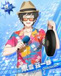  1boy black_hair blue_background buttons card_(medium) character_name closed_eyes collared_shirt fingernails floral_print hat holding idolmaster idolmaster_side-m male_focus official_art open_mouth shinonome_soichiro shirt short_sleeves smile sunglasses 