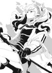  1girl angelina_(arknights) animal_ear_fluff animal_ears arknights closed_mouth gloves greyscale hairband highres holding jacket kinutani_yutaka long_hair long_sleeves looking_away monochrome open_clothes open_jacket puffy_long_sleeves puffy_sleeves shirt short_shorts shorts socks solo twintails white_background 