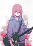  1girl alternate_costume blue_eyes bocchi_the_rock! closed_mouth gotou_hitori guitar hair_between_eyes highres holding hood hood_down hoodie instrument long_hair long_sleeves looking_at_viewer lowlifescore mask mouth_mask pants pink_hair solo standing 