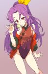  1girl bare_shoulders candy coat food gradient_background highres holding holding_candy holding_food holding_lollipop jack_(wkm74959) komakusa_sannyo lollipop long_hair looking_at_viewer one-hour_drawing_challenge ponytail purple_hair red_coat red_eyes swimsuit thighs tongue tongue_out touhou wavy_hair yellow_headwear 