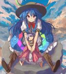  2girls bangs barefoot black_headwear blue_hair blue_sky boots bow bowtie brown_headwear closed_mouth clouds food fruit full_body highres hinanawi_tenshi japanese_clothes keystone kimono leaf long_hair looking_at_another looking_at_viewer minigirl multiple_girls open_mouth outdoors peach purple_hair red_bow red_bowtie red_eyes red_kimono shirt short_hair short_sleeves sitting sky smile sukuna_shinmyoumaru syope touhou white_shirt 