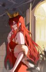  1girl absurdres bare_shoulders bug butterfly crown dress earrings feather_boa heart hearts_(i_became_a_god_in_a_horror_game) highres jewelry long_hair procreate_(medium) profile red_dress red_lips redhead solo violet_eyes weichenhuanxiaobai 
