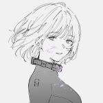  1girl blood blood_on_face bodysuit breasts collar commentary_request dm_owr from_side girls_frontline highres large_breasts looking_at_viewer looking_to_the_side metal_collar monochrome purple_blood rpk-16_(girls&#039;_frontline) short_hair sketch smile solo spot_color upper_body 