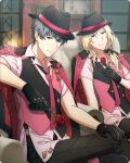  2boys black_gloves blonde_hair blue_eyes couch crossed_legs fedora flower gloves green_eyes grey_hair hair_between_eyes hand_on_own_knee hat heterochromia holding holding_flower idolmaster idolmaster_side-m idolmaster_side-m_growing_stars long_hair looking_at_viewer male_focus multiple_boys necktie official_art red_flower red_rose rose short_sleeves sitting smile takajo_kyoji tsuzuki_kei 