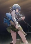  1girl asahi_rokka bang_dream! bangs black-framed_eyewear blue_eyes blue_hair closed_mouth company_name copyright_name foot_out_of_frame glasses green_eyes guitar haneoka_school_uniform headless_guitar highres holding holding_eyewear holding_instrument instrument kneehighs long_hair microphone official_art pleated_skirt school_uniform scrunchie skirt socks strandberg_guitars 