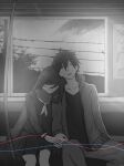  1boy 1girl black_skirt blurry closed_eyes collarbone commentary_request depth_of_field enpera foliage greyscale hair_between_eyes hair_ornament hairclip highres jacket kagerou_project kisaragi_shintarou leaning_on_person long_hair long_sleeves mekakucity_actors missingstory0228 monochrome neckerchief open_clothes open_jacket pants parted_lips pleated_skirt popped_collar poster_(object) power_lines scarf school_uniform seat serafuku shirt short_hair side-by-side sitting skirt sky sleeping sleeve_cuffs spot_color string string_of_fate t-shirt tateyama_ayano track_jacket train_interior utility_pole window 