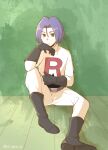  1boy ashinomemo blue_hair boots gloves green_background green_eyes james_(pokemon) male_focus pokemon pokemon_(anime) sitting team_rocket 