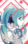  1girl abstract_background aqua_eyes aqua_hair aqua_necktie bangs bare_shoulders closed_mouth collared_shirt commentary detached_sleeves from_side grey_shirt hair_ornament halftone hatsune_miku headset highres long_hair necktie pale_skin profile shirt sidelocks sideways_glance sleeveless sleeveless_shirt solo twintails upper_body vocaloid white_background wokichi 