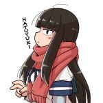  1girl black_hair closed_mouth from_side hatsuyuki_(kancolle) kantai_collection long_hair long_sleeves red_scarf scarf school_uniform serafuku shin_(shin_k009) sidelocks white_background 