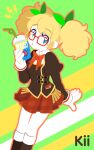  1girl afro_puffs aikatsu! aikatsu!_(series) bendy_straw blonde_hair blue_eyes bow cup disposable_cup drinking_straw glasses highres holding holding_cup light_frown long_sleeves plaid plaid_skirt pt5_(petako) red-framed_eyewear red_bow saegusa_kii school_uniform skirt solo striped striped_background twintails 
