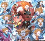  1boy alternate_color ascot beard belt black_belt black_gloves black_jacket commentary_request crossed_arms facial_hair fingerless_gloves fur-trimmed_jacket fur_trim gloves green_eyes hand_up im_i_masa jacket long_sleeves lysandre_(pokemon) lysandre_(sygna_suit)_(pokemon) male_focus official_alternate_costume open_mouth orange-tinted_eyewear orange_ascot orange_hair pokemon pokemon_(creature) pokemon_(game) pokemon_masters_ex pokemon_xy red_jacket smile spiky_hair teeth tinted_eyewear twitter_username volcanion water water_drop watermark 