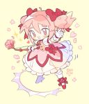  1girl blush bow bow_(weapon) commentary dress full_body gloves hair_bow heart highres holding holding_bow_(weapon) holding_weapon kaname_madoka looking_at_viewer magical_girl mahou_shoujo_madoka_magica open_mouth pink_eyes pink_hair red_bow red_footwear sharpycharot short_hair short_sleeves short_twintails simple_background socks solo sparkle twintails weapon white_dress white_gloves white_socks yellow_background 