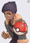  1boy absurdres black_shirt clenched_hand commentary_request dark-skinned_male dark_skin fingernails fur-trimmed_jacket fur_trim grin highres holding holding_poke_ball hop_(pokemon) jacket male_focus no32_mini open_clothes open_jacket poke_ball poke_ball_(basic) pokemon pokemon_(game) pokemon_swsh purple_hair shirt short_hair smile solo teeth white_background yellow_eyes yellow_pupils 