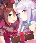  2girls absurdres animal_ears artist_name bangs blue_eyes blush bow brown_hair commentary dress ear_ornament gift giving hair_bow hair_ornament high_collar highres holding holding_gift horse_ears horse_girl long_hair looking_at_viewer mejiro_mcqueen_(umamusume) multicolored_hair multiple_girls open_mouth parted_lips ponytail purple_hair red_bow red_dress ryuu_(ryuraconis) short_sleeves sidelocks signature smile star_(symbol) streaked_hair tokai_teio_(umamusume) umamusume valentine violet_eyes white_dress white_hair 