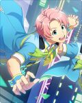  2boys ahoge blue_eyes collared_shirt fingernails holding_hands idolmaster idolmaster_side-m idolmaster_side-m_growing_stars kabuto_daigo male_focus multiple_boys official_alternate_costume official_art open_mouth out_of_frame pink_hair shirt short_sleeves teeth 