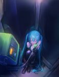  1girl blue_hair blue_nails closed_eyes collared_shirt crossed_ankles crying detached_sleeves dim_lighting from_above hatsune_miku highres knees_to_chest long_hair mi_no_take nail_polish payphone phone phone_booth shirt sitting skirt solo talking_on_phone thigh-highs twintails very_long_hair vocaloid 