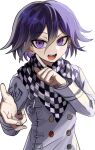  1boy :d absurdres bangs blush buttons checkered_clothes checkered_scarf danganronpa_(series) danganronpa_v3:_killing_harmony double-breasted grey_jacket hair_between_eyes hands_up highres index_finger_raised jacket long_sleeves medium_hair ouma_kokichi purple_hair scarf simple_background smile solo teeth tongue upper_body violet_eyes white_background zhou_ben 