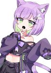  1girl :o absurdres animal_ear_fluff animal_ears bare_shoulders belt black_shirt cat_ears cat_girl cat_tail colored_inner_hair commission crop_top cropped_shirt green_eyes grey_hair hand_to_own_mouth highres indie_virtual_youtuber jacket kagawa_(kgwrikkai64) long_sleeves multicolored_hair navel off_shoulder open_clothes open_jacket purple_hair purple_jacket second-party_source shirt short_hair shwaa simple_background skeb_commission sleeves_past_fingers sleeves_past_wrists surprised sweatdrop tail two-tone_hair virtual_youtuber white_background 