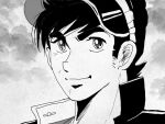  1boy black_eyes black_hair dirux68000 hat looking_at_viewer male_focus mankichi_togawa monochrome otoko_ippiki_gaki_daishou portrait short_hair smile solo thick_eyebrows 