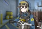  1girl armor artist_name assault_rifle bangs baseball_cap blue_jacket body_armor brown_eyes brown_hair counter-strike_(series) counter_strike:_global_offensive english_commentary eyewear_on_head fbi gameplay_mechanics girls_frontline gun hair_between_eyes hat headset jacket long_hair m4_carbine m4a1_(girls&#039;_frontline) magazine_(weapon) multicolored_hair nuclear_powerplant outdoors plate_carrier pouch power_lines radio ribbed_sweater rifle road shipping_container sidelocks snap-fit_buckle solo sp4rk stanag_magazine streaked_hair sunglasses suppressor sweater trigger_discipline upper_body very_long_hair walkie-talkie weapon 