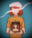  1girl ace_attorney beret bracelet hat holding holding_photo iei ini_miney jewelry mimi_miney open_mouth orange_lips phoenix_wright:_ace_attorney_-_justice_for_all photo_(object) portrait_(object) redhead renshu_usodayo short_sleeves simple_background smoke solo sweater white_headwear yellow_sweater 