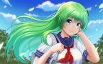  1girl bangs blue_eyes blue_sailor_collar blue_sky closed_mouth clouds commentary_request green_hair hand_in_own_hair highres kochiya_sanae long_hair looking_at_viewer neckerchief outdoors red_neckerchief sailor_collar school_uniform serafuku sky smile solo tatsu_toyoyo touhou upper_body white_serafuku 