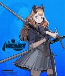 1girl absurdres black_gloves blue_background blue_eyes brown_hair capelet english_text fantasy gloves hair_ornament hairband half_gloves heromedley highres holding holding_sword holding_weapon long_hair looking_at_viewer original skirt solo sword weapon zweihander 