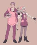  1boy 1girl 23011620x ace_attorney apron ascot black_footwear black_gloves black_skirt blue_badger blue_eyes blue_hair boots bowl cable chocolate closed_mouth collared_shirt earrings formal franziska_von_karma full_body gloves grey_eyes grey_hair grey_pantyhose hair_intakes high_heel_boots high_heels highres holding holding_bowl holding_cable holding_spatula jacket jewelry juliet_sleeves long_sleeves miles_edgeworth mixer_(cooking) mole mole_under_eye pants pantyhose pink_apron puffy_sleeves red_apron red_jacket red_pants red_suit shirt shoes short_hair simple_background skirt spatula standing suit sweatdrop valentine white_shirt 
