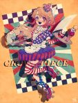  1girl absurdres adapted_costume alternate_costume american_flag american_flag_legwear apron blonde_hair blue_eyes burger character_name clownpiece crescent crescent_hair_ornament decora food garter_straps hair_between_eyes hair_ornament hat heterochromia highres ice_cream long_hair mini_hat neck_ruff open_mouth puffy_short_sleeves puffy_sleeves red_eyes roller_skates short_sleeves single_thighhigh skates socks sokura_(mochichitose) solo teeth thigh-highs touhou tray upper_teeth_only waitress yellow_background 