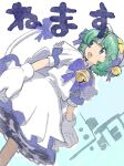  1girl animal_hat apron bangs bell blue_bow blue_bowtie blue_dress bow bowtie cat_hat cat_tail colored_pencil_(medium) dejiko di_gi_charat dress dutch_angle fang feet_out_of_frame frilled_apron frills green_eyes green_hair gundam_(vxrwvww) hair_bell hair_bow hair_ornament hat highres jingle_bell looking_ahead looking_to_the_side maid_apron neck_bell open_mouth parted_bangs puffy_short_sleeves puffy_sleeves short_hair short_sleeves smile solo tail tail_bow tail_ornament traditional_media waist_bow white_apron white_bow white_mittens 