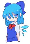  1girl blue_bow blue_dress blue_eyes blue_hair bow cirno collared_shirt dress flat_chest hair_bow highres ice ice_wings neck_ribbon op_na_yarou pinafore_dress puffy_short_sleeves puffy_sleeves red_ribbon ribbon shirt short_hair short_sleeves simple_background solo touhou white_background white_shirt wings 