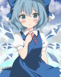  1girl bangs blue_bow blue_dress blue_eyes blue_hair blue_sky blush bow cirno closed_mouth clouds collared_shirt commentary_request detached_wings dress hair_bow highres ice ice_wings looking_at_viewer outdoors setsugetsuka436 shirt short_hair short_sleeves sky solo touhou white_shirt wings 