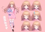  &gt;_&lt; 1girl :d absurdres asagi_shiki_(artist) blush brown_footwear brown_hair character_name chestnut_mouth choker closed_eyes closed_mouth drawstring earrings expression_chart expressions frilled_choker frills full_body hair_between_eyes highres holding holding_stuffed_toy hood hoodie indie_virtual_youtuber jewelry long_hair long_sleeves looking_at_viewer multiple_views neck_ribbon o_o open_mouth pink_background pink_eyes pink_hoodie pink_ribbon pom_pom_(clothes) pom_pom_earrings ribbon shoes simple_background sleeves_past_fingers sleeves_past_wrists smile smug sparkling_eyes standing standing_on_one_leg striped striped_thighhighs stuffed_animal stuffed_toy suzuka_minase sweatdrop thigh-highs virtual_youtuber white_choker xd zettai_ryouiki 