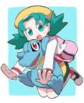  1girl backpack bag blush_stickers border dokan_(dkn) dot_nose green_eyes green_hair hat highres jacket kris_(pokemon) open_mouth palms pink_bag pokemon pokemon_(game) pokemon_gsc red_eyes sharp_teeth shoes shorts sneakers solo teeth totodile white_border white_jacket yellow_headwear 