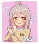  1girl :d absurdres ahoge blush brown_eyes character_name clothes_writing commentary grey_hair heart heart_hands highres long_hair long_sleeves looking_at_viewer nekomotowata onii-chan_wa_oshimai! open_mouth oyama_mahiro pink_background simple_background smile solo sweater upper_body yellow_sweater 