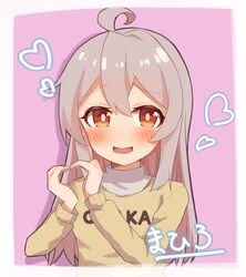  1girl :d absurdres ahoge blush brown_eyes character_name clothes_writing commentary grey_hair heart heart_hands highres long_hair long_sleeves looking_at_viewer nekomotowata onii-chan_wa_oshimai! open_mouth oyama_mahiro pink_background simple_background smile solo sweater upper_body yellow_sweater 