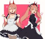  1girl apron border chainsaw_man cremanata highres horns looking_at_viewer maid maid_apron maid_headdress multiple_views oni_horns open_mouth pantyhose pink_background pink_hair power_(chainsaw_man) sharp_teeth simple_background teeth twintails upper_teeth_only white_border yellow_eyes 