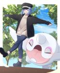  1boy alternate_costume black_footwear black_headwear black_jacket blue_eyes blue_hair blurry boots cetoddle clouds commentary_request day denim grusha_(pokemon) hat highres jacket jeans long_sleeves looking_down male_focus medium_hair mocacoffee_1001 open_clothes open_jacket open_mouth outdoors pants pokemon pokemon_(game) pokemon_sv sky sleeves_past_wrists smile sweater tree zipper 