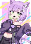  1girl :o absurdres animal_ear_fluff animal_ears bare_shoulders belt black_shirt border cat_ears cat_girl cat_tail colored_inner_hair commission crop_top cropped_shirt green_eyes grey_hair hand_to_own_mouth highres indie_virtual_youtuber jacket kagawa_(kgwrikkai64) long_sleeves multicolored_background multicolored_hair navel off_shoulder open_clothes open_jacket purple_hair purple_jacket second-party_source shirt short_hair shwaa simple_background skeb_commission sleeves_past_fingers sleeves_past_wrists surprised tail two-tone_hair virtual_youtuber white_border 