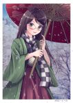  1girl 2023 bangs border brown_eyes brown_hair checkered_clothes checkered_scarf closed_mouth dated futatsuiwa_mamizou futatsuiwa_mamizou_(human) glasses green_kimono grey_sky highres holding holding_umbrella japanese_clothes kimono kyabekko leaf leaf_on_head long_hair long_sleeves looking_at_viewer oil-paper_umbrella outdoors raccoon_girl scarf smile snow snowing solo touhou tree umbrella white_border 