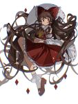  1girl 3mlzyy ascot bangs bare_shoulders blush bow brown_eyes brown_hair detached_sleeves frilled_skirt frills full_body hair_bow hair_tubes hakurei_reimu highres japanese_clothes long_hair nontraditional_miko parted_lips red_bow red_footwear red_skirt ribbon-trimmed_sleeves ribbon_trim shoes sidelocks skirt socks solo sparkle touhou white_sleeves white_socks wide_sleeves yellow_ascot 