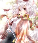  1girl :o animal_ears bangs hajike_akira highres inubashiri_momiji jacket long_sleeves looking_at_viewer open_mouth orange_jacket pom_pom_(clothes) red_eyes red_scarf scarf sheath sheathed shirt solo sword tail touhou upper_body weapon white_background white_hair white_shirt wolf_ears wolf_girl wolf_tail 